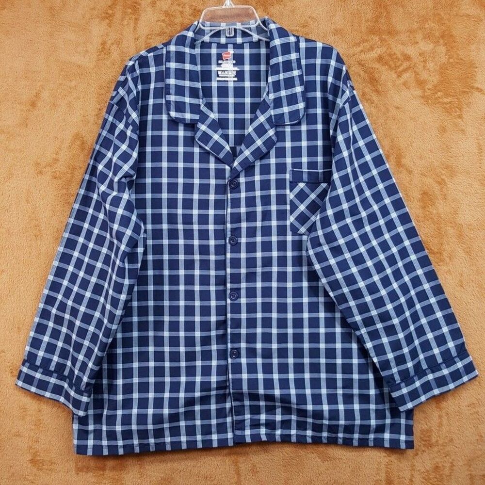 HANES Pajama Shirt Mens XXL Blue Check Lightweight Pajamas Sleep Sleepwear PJs